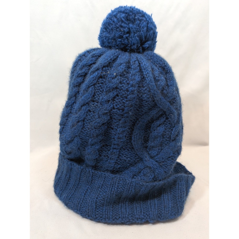 Qiviuk Blue Bison Merino Wool Beanie; Hand Knitted Pom Pom Cable Knit Hat